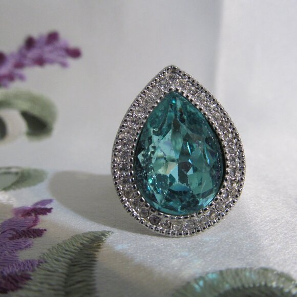 Faux Blue Topaz Faux Paraiba Tourmaline & Faux Diamond Silver Tone Ring Size 10 - Picture 14 of 16